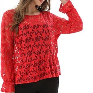 Red Lace Long Sleeve Chiffon Blouse